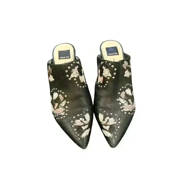 Dolce Vita Black Embroidered Studded Leather Mules, Size 8, Pre-Owned - Picture 1 of 12